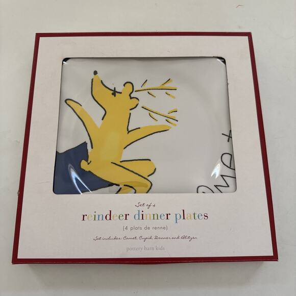 Pottery Barn KIDS Reindeer MELAMINE Dinner Plates Christmas Set of 4 in BOX